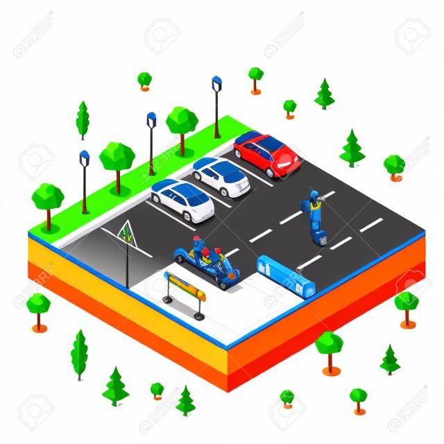Flat isometric male workers laying asphalt, cars parked in the parking lot vector illustration. 3d isometry technical works, city service concept.
