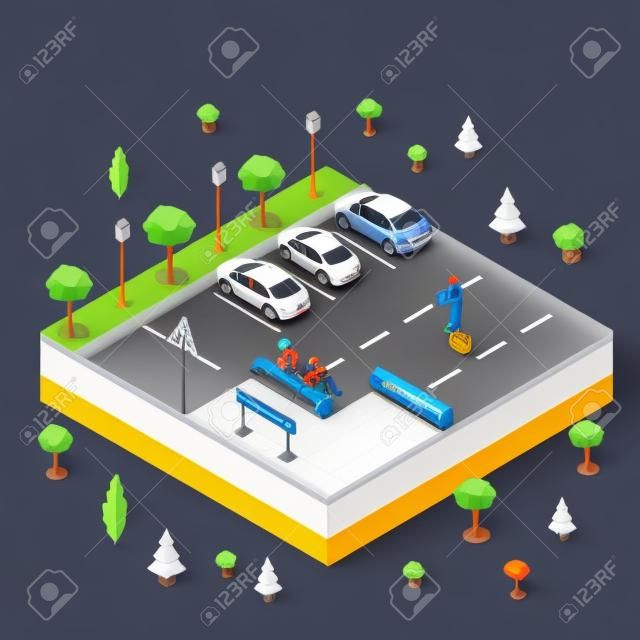 Trabajadores masculinos isométricos planos que ponen el asfalto, coches estacionados en la ilustración del vector del estacionamiento. Trabajos técnicos de la isometría 3d, concepto del servicio de ciudad.