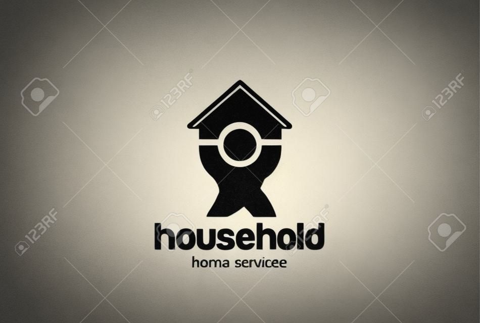 Modelo de vetor de design de logotipo de serviço doméstico. Homem segurando o ícone de conceito de casa em casa