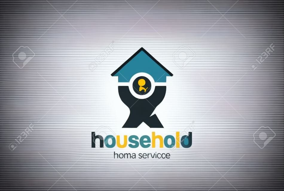 Modelo de vetor de design de logotipo de serviço doméstico. Man holding House Home Logotipo conceito ícone