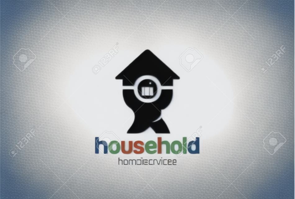 家居服务徽标设计矢量模板。男子手持房子首页标识概念图标