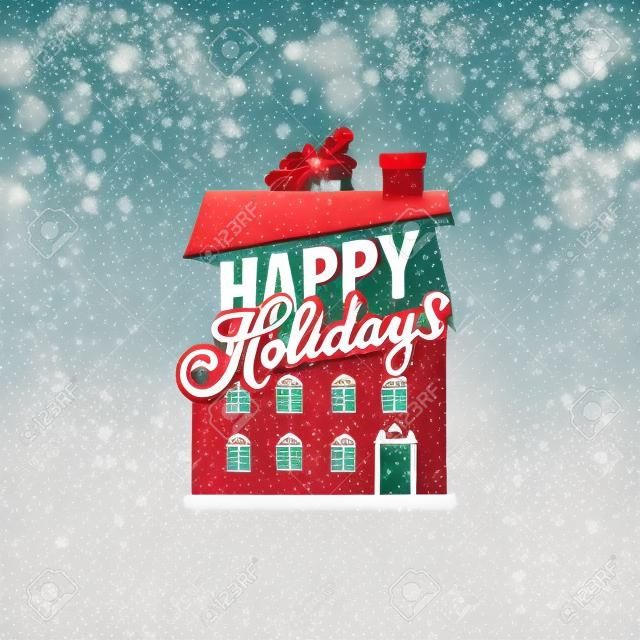 Happy Holidays Lettering vector composition with Santa Claus on House Roof with Bag of Gifts