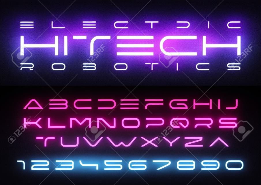 Projeto de fonte vetor futurista. Tipografia digital de Realidade Virtual. Letras e números para computadores, temas Dron Robot Hi-Tech