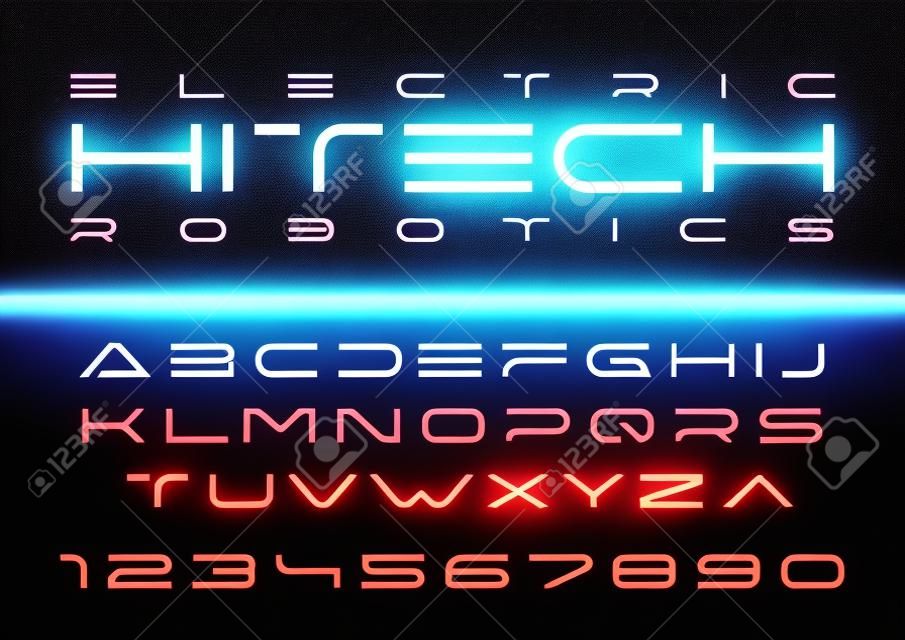 未来的ベクトルフォントデザイン。デジタルバーチャルリアリティ技術書体。
コンピュータのための文字と数字、ぢロボットハイテクのテーマ