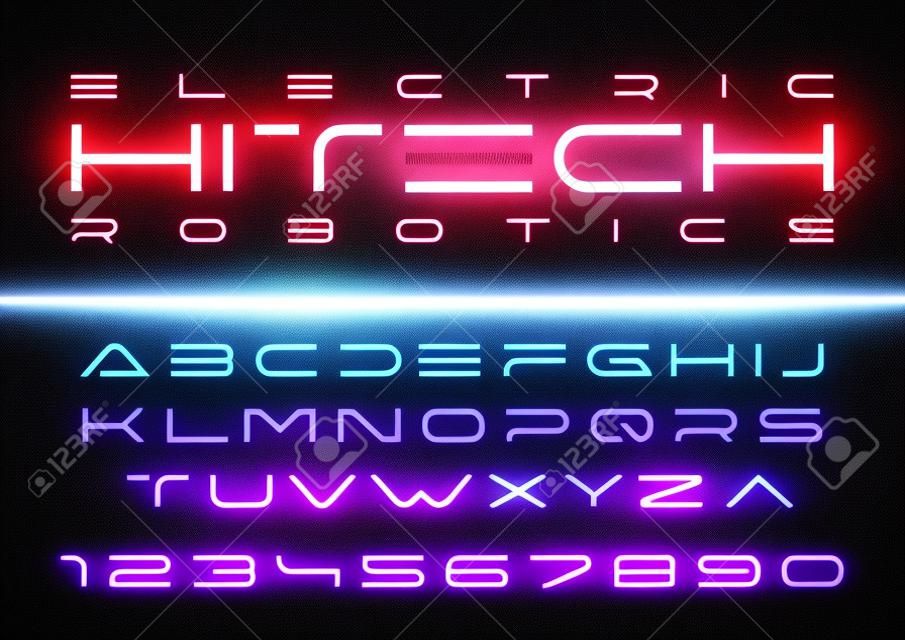 미래형 벡터 글꼴 디자인입니다. 디지털 가상 현실 기술 서체. 컴퓨터, Dron Robot 하이텍 테마를위한 문자와 숫자