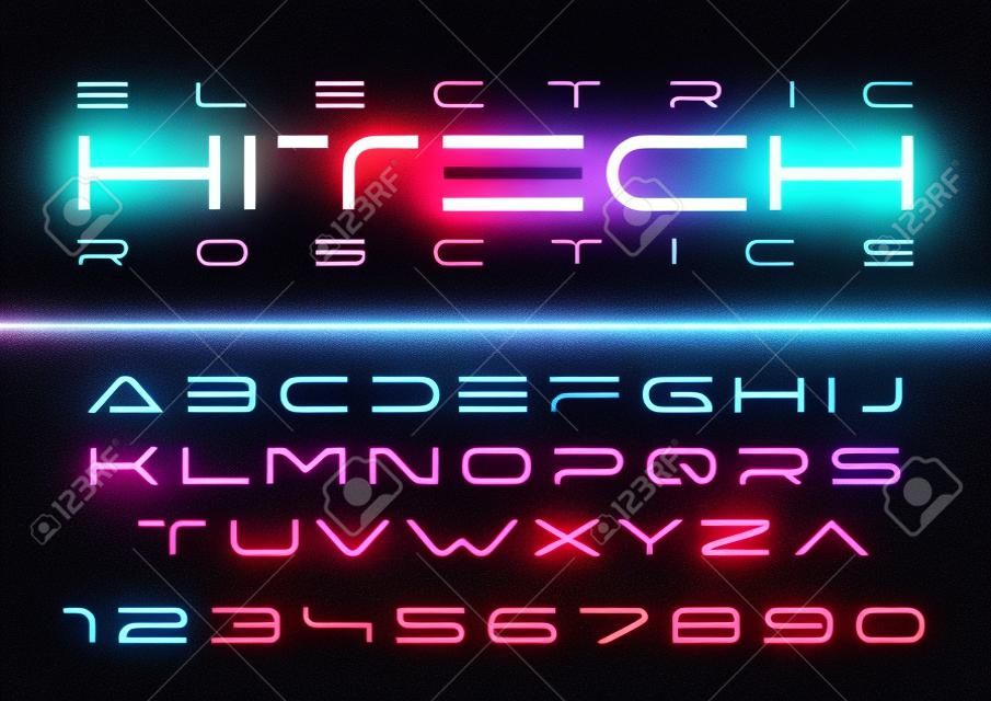未來派矢量字體設計。數字虛擬現實技術字體。 Dron機器人高科技主題的計算機字母和數字