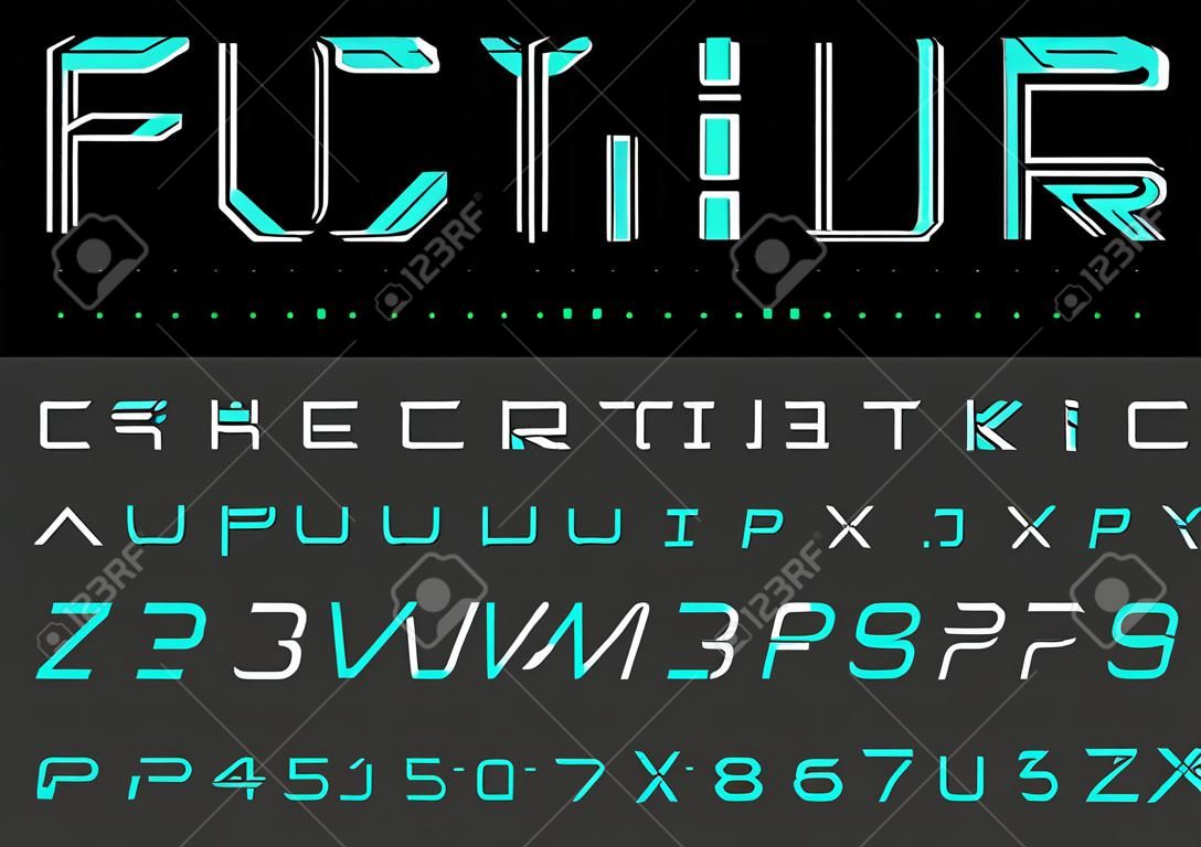 未來派矢量字體設計。數字虛擬現實技術字體。 Dron機器人高科技主題的計算機字母和數字