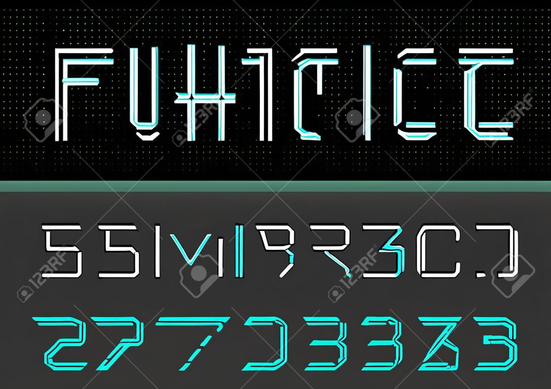 Futuristic vector Font design. Digital Virtual Reality Technology typeface. Brieven en nummers voor Computers, Dron Robot Hi-tech thema's