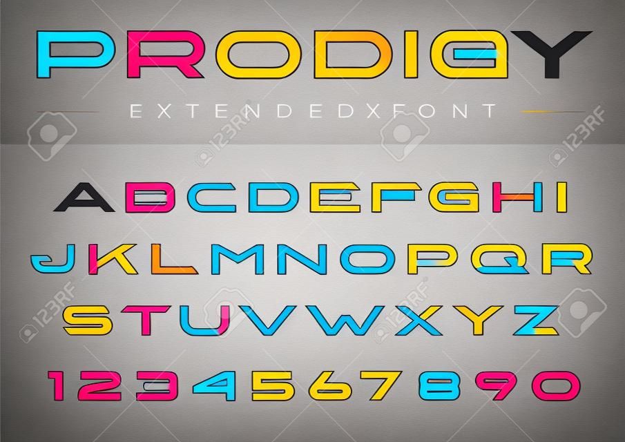Modern Design vector lineair Uitgebreide lettertype voor Titel, Header, Lettering, Monogram. Corporate Business Luxury Technology Typeface. Brieven met Numbers Latin alfabet