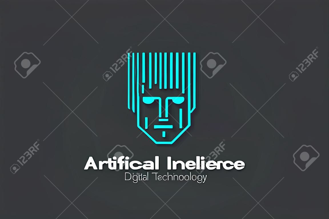 Artificial Intelligence Logo AI Man Robot Face Head Linear Outline Neon style. Neural Network think digital technology design icon