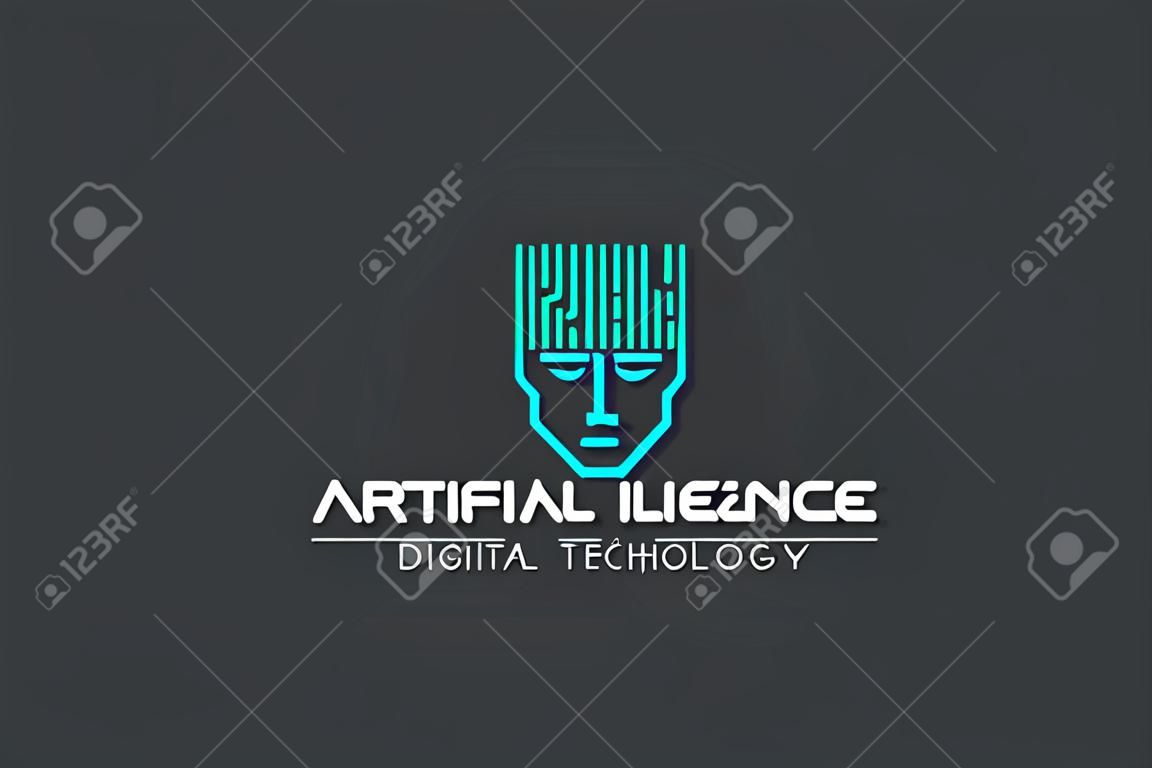 Artificial Intelligence Logo AI Man Robot Face Head Linear Outline Neon style. Neural Network think digital technology design icon