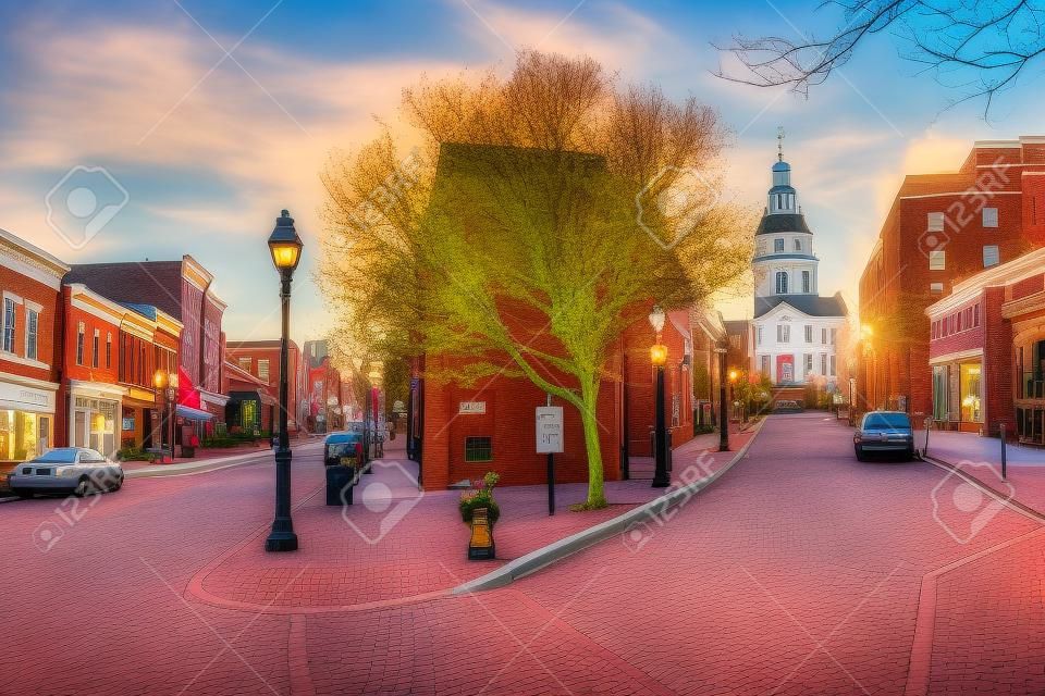 downtown cityscape on Main Street in Annapolis, Maryland, USA