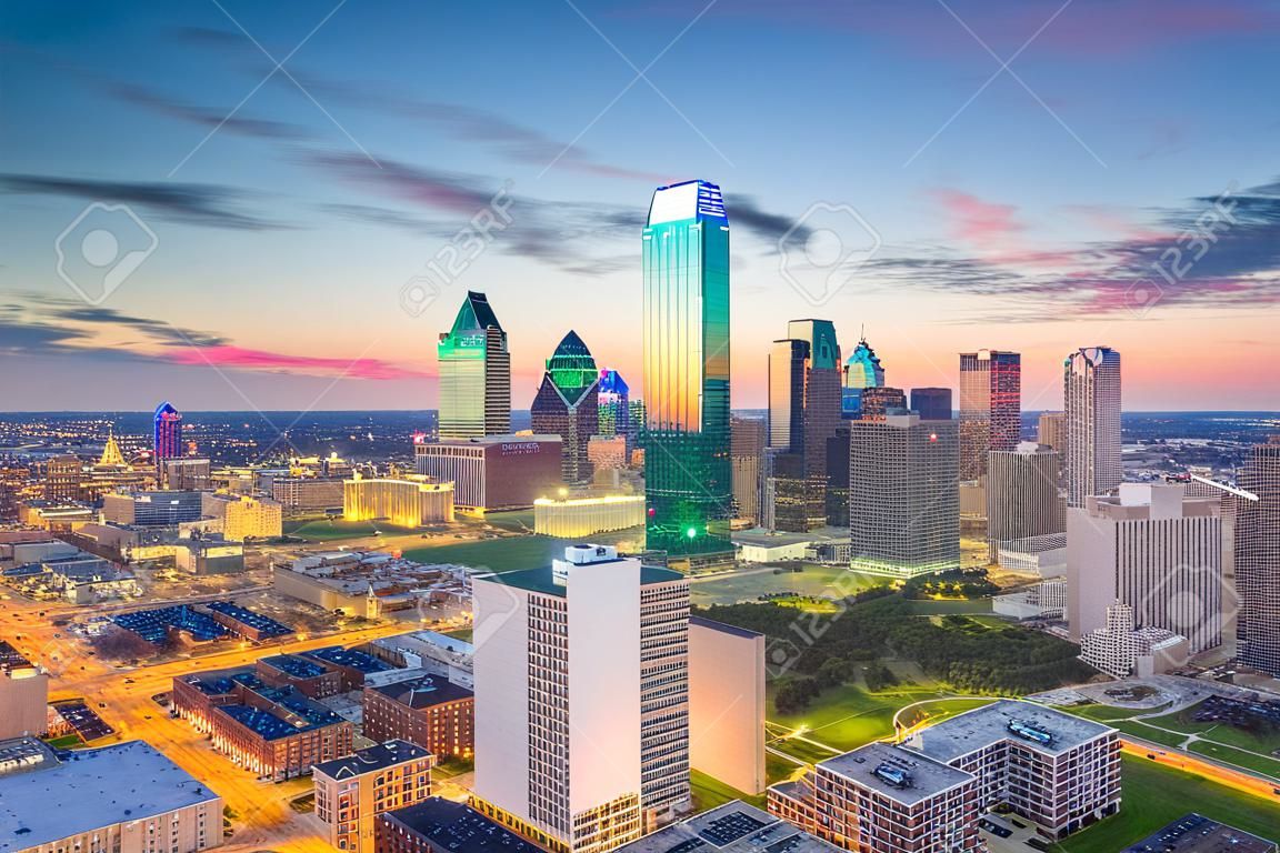 Dallas, Texas, USA skyline from above at dusk.