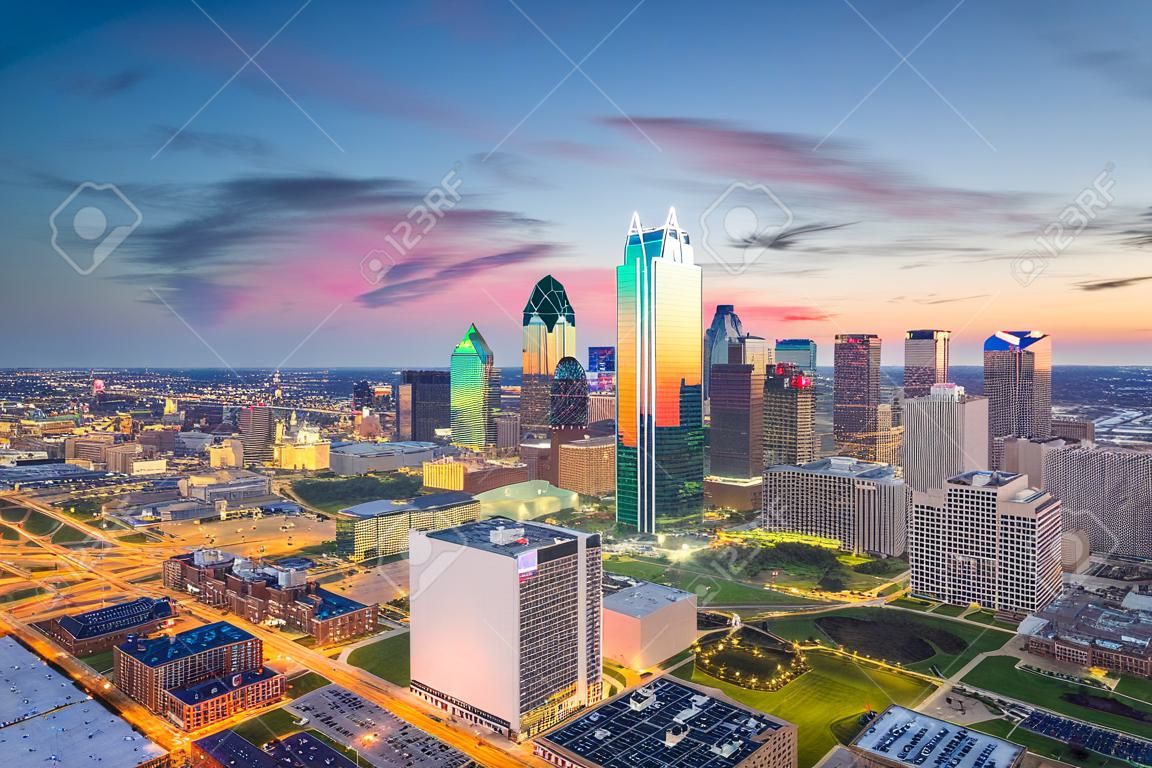 Dallas, Texas, USA skyline from above at dusk.