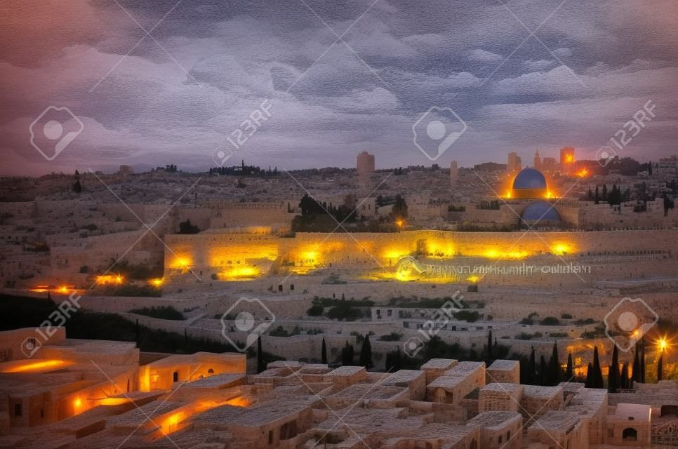 Jerusalem, Israel old city skyline at dusk from Mount of Olives.
