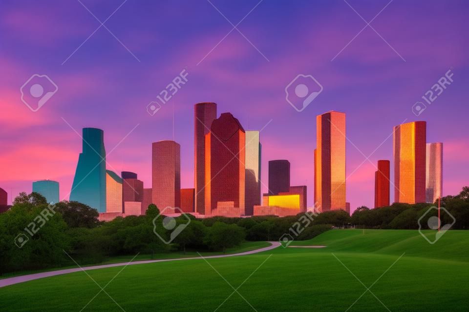 Houston, Texas, USA skyline and park at dusk.
