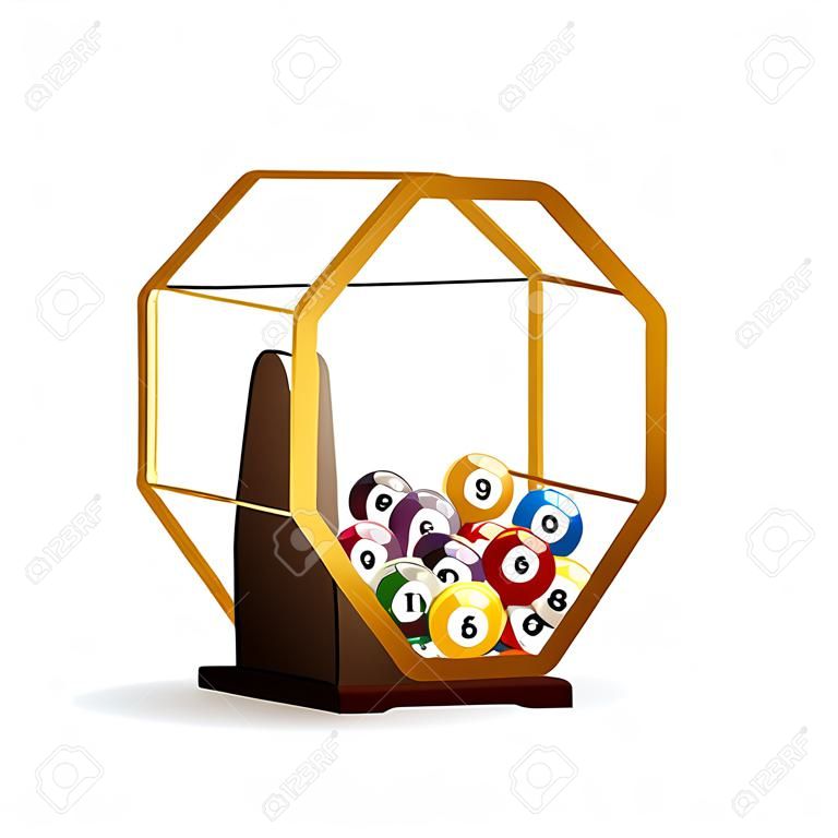 Bateria de loteria rotativa com bolas de bingo. Spinner de loteria. Máquina de loteria isolada no fundo branco.