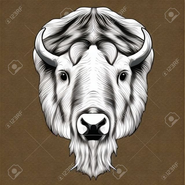 la tête de Buffalo est symétrique, regarde à droite, croquis graphique vectoriel d'une image en noir et blanc