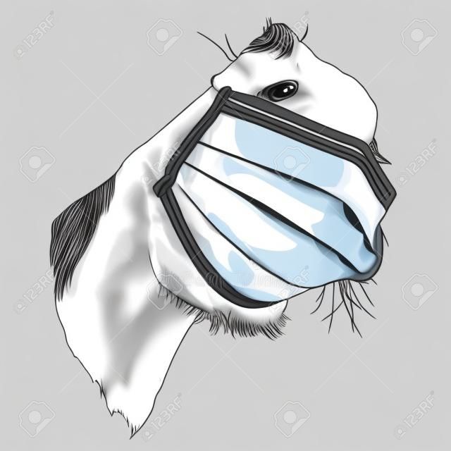 horse muzzle nose and mouth close-up looking at the camera strong perspective in a medical mask against a virus, sketch vector graphics color illustration on a white background