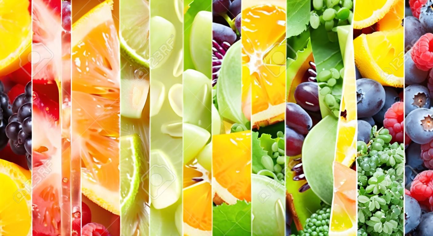 Egészséges ételek háttérben. Gyűjtemény különböző gyümölcsök, bogyós gyümölcsök és zöldségek