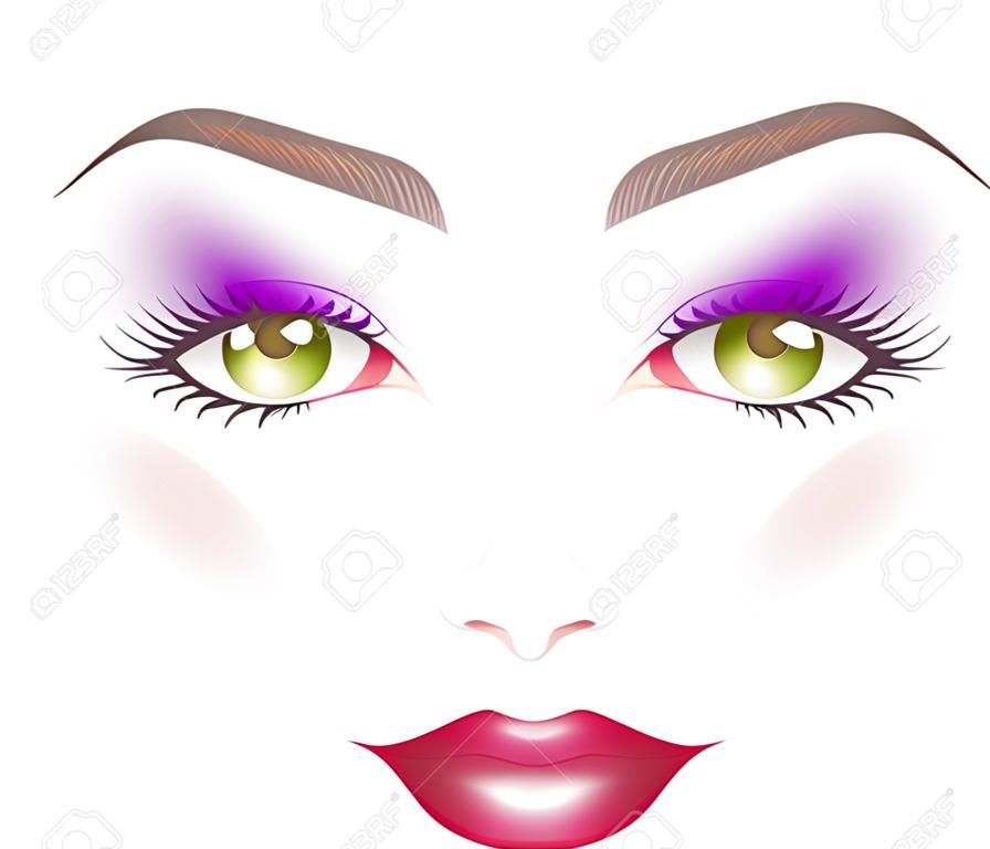 Vector illustration of a woman's face with makeup. Green eyes and lips.