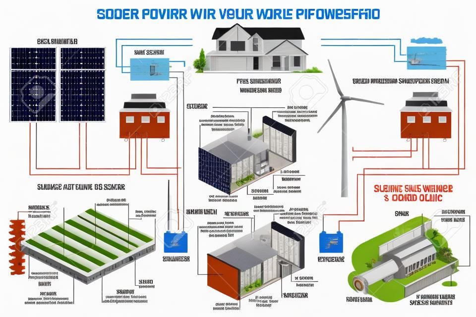 Solar panel and wind power generation system for home infographic.