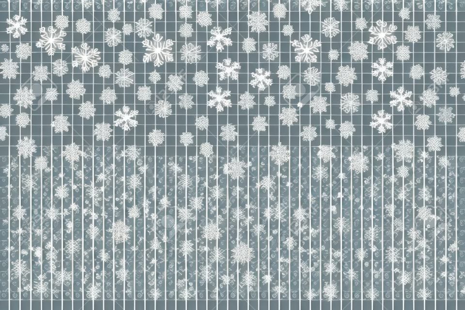 Modello senza cuciture con i fiocchi di neve per la celebrazione del nuovo anno su fondo trasparente, effetto della decorazione della caduta della neve di Natale.