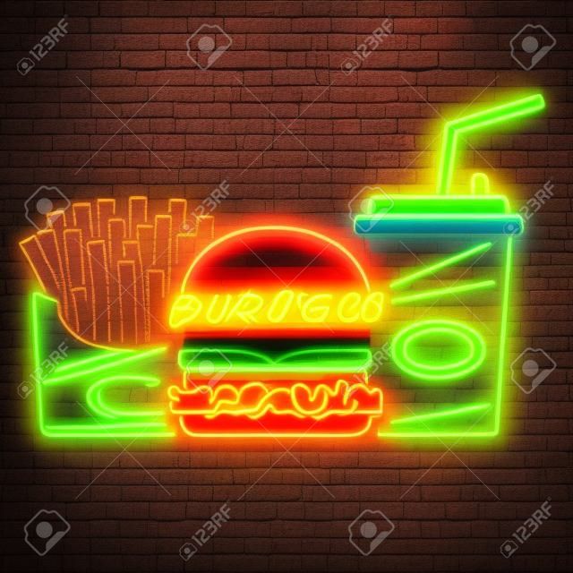 Retro neonowy burger, cola i frytki znak na tle ceglanego muru.