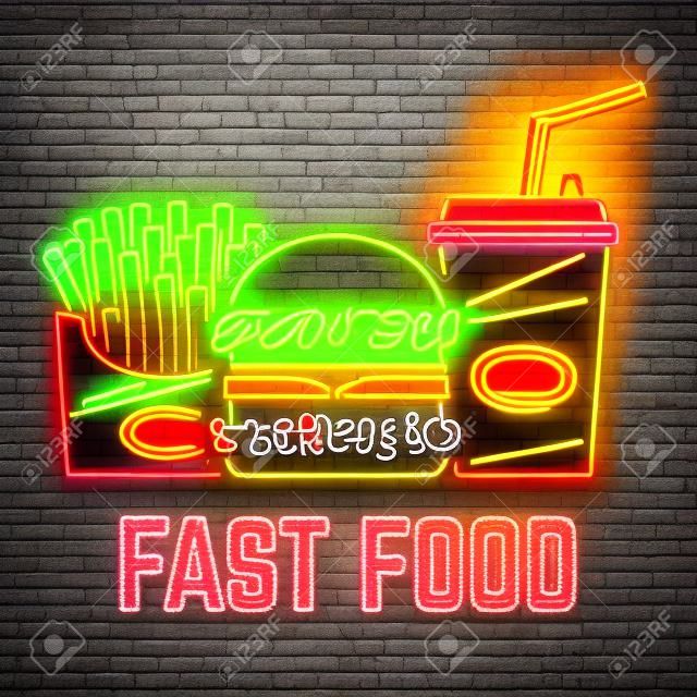 Burger au néon rétro, cola et frites signent sur fond de mur de briques.