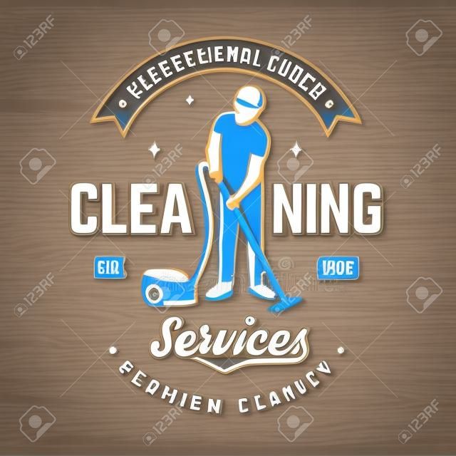 Cleaning company badge, emblem. Vector illustration. Concept for shirt, stamp or sticker. Vintage typography design with cleaning equipments. Cleaning service sign for company related business