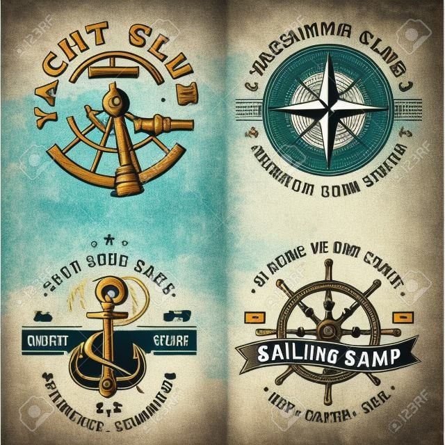 Set of summer sailing camp badge. Vector. Concept for shirt, stamp or tee. Vintage typography design with black sea anchors, hand wheel, compass and sextant silhouette. Best Sporting Activity