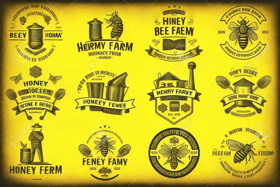 Set di badge di fattoria delle api da miele. Vettore. Concetto per stampa, timbro o tee. Design tipografico vintage con sagoma di ape, pezzo a nido d'ape, alveare e mestolo di miele. Design per l'azienda agricola delle api da miele
