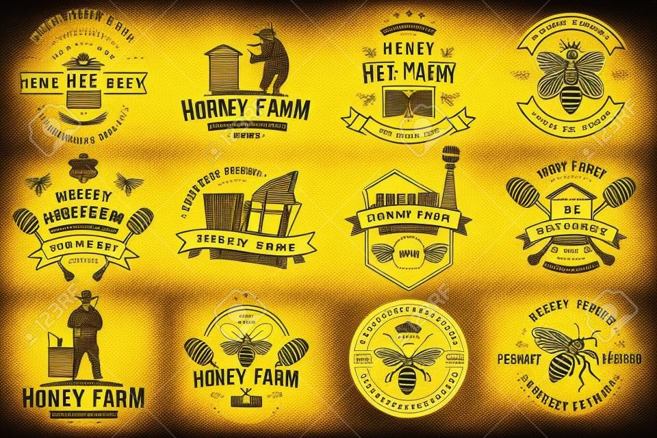 Set di badge di fattoria delle api da miele. Vettore. Concetto per stampa, timbro o tee. Design tipografico vintage con sagoma di ape, pezzo a nido d'ape, alveare e mestolo di miele. Design per l'azienda agricola delle api da miele