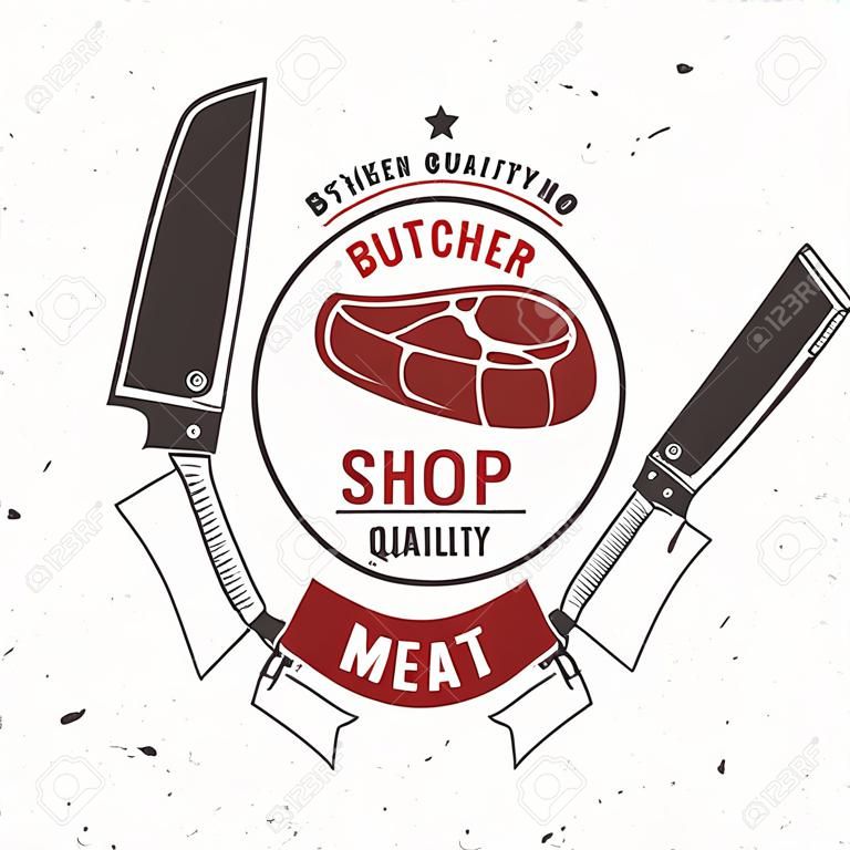 Butcher meat shop Badge or Label with Steak and kitchen knife. Vector. Vintage typography logo design with steak, kitchen knife silhouette. Elements on the theme of the meat shop, market, restaurant