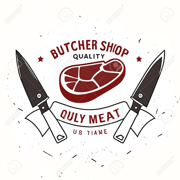 Butcher meat shop Badge or Label with Steak and kitchen knife. Vector. Vintage typography logo design with steak, kitchen knife silhouette. Elements on the theme of the meat shop, market, restaurant