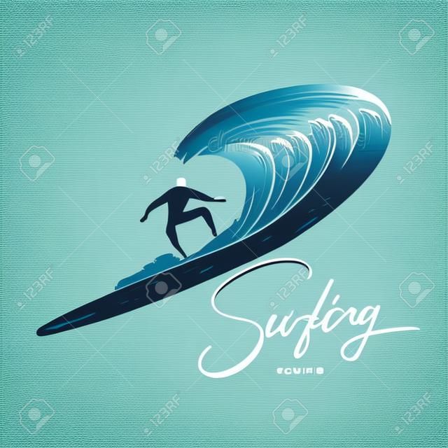 Design de logotipo de surf. Surfista e onda. ilustração vetorial. ilustração vetorial
