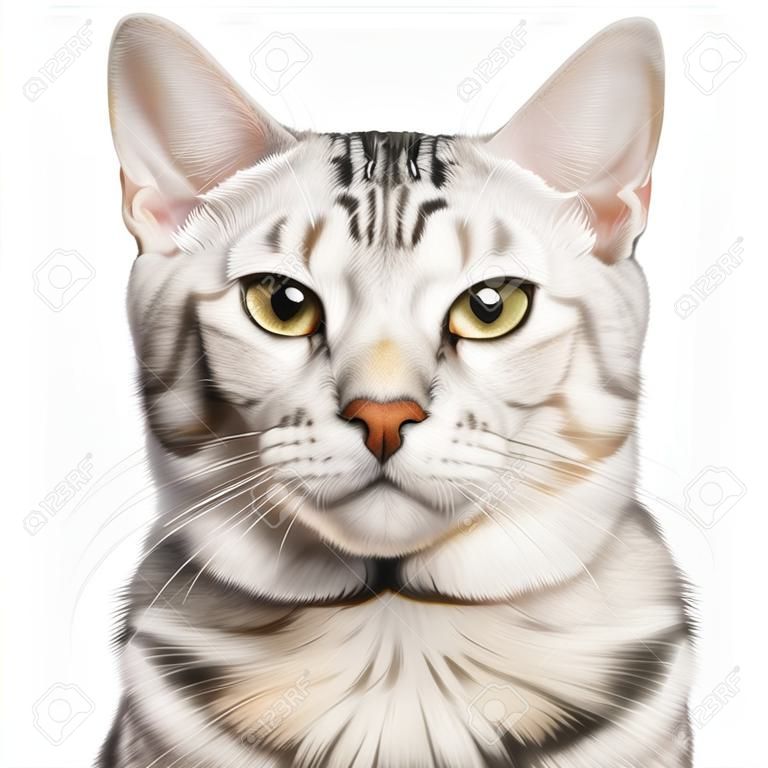 스노우 벵골 고양이, 자랑스럽게 얼굴에 고립 된 흰색 배경, 전면보기의 초상화