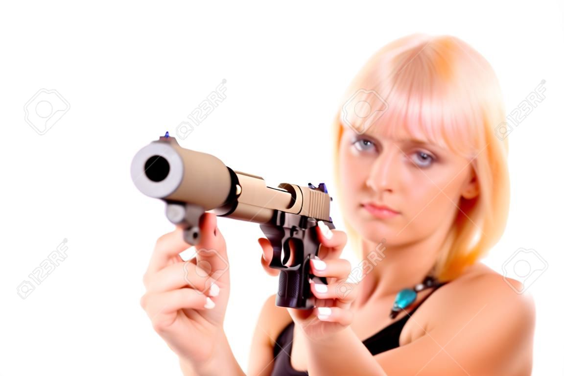 Junge blonden Frau mit Pistole auf weiß isoliert