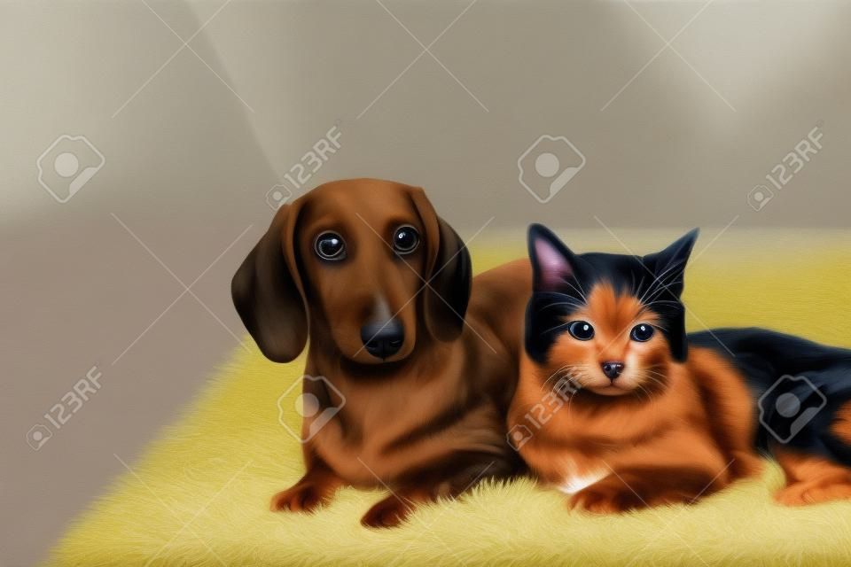 Gato bonito e cão dachshund no tapete, indoor