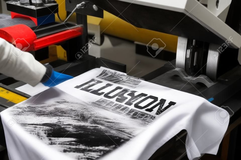 Young man printing on t-shirt at workshop