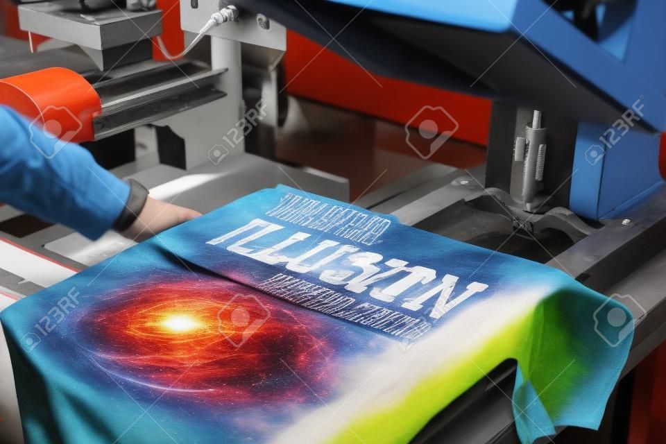 Young man printing on t-shirt at workshop