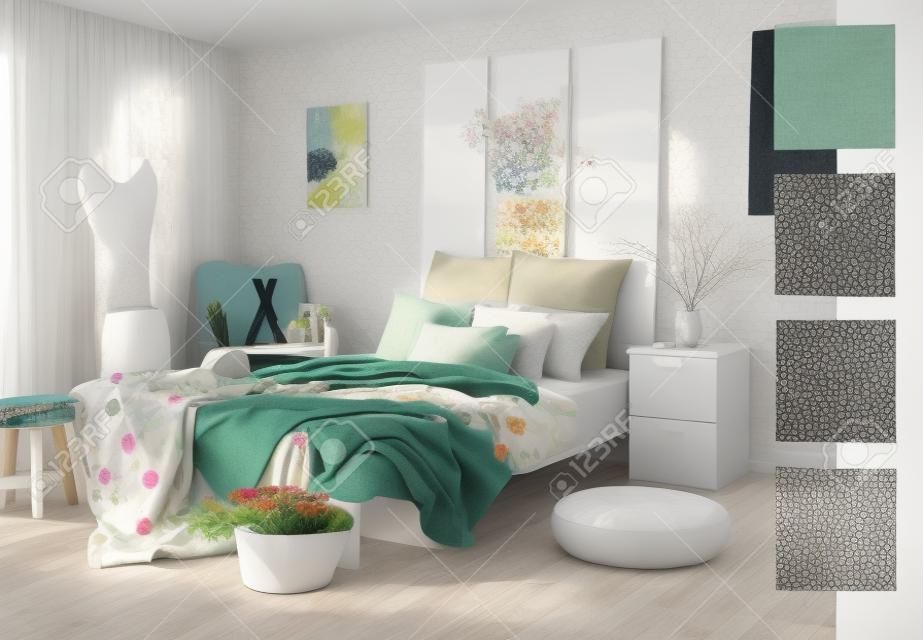 Interior of beautiful modern bedroom with spring flowers. Different color patterns