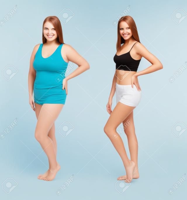 Young woman before and after weight loss on white background