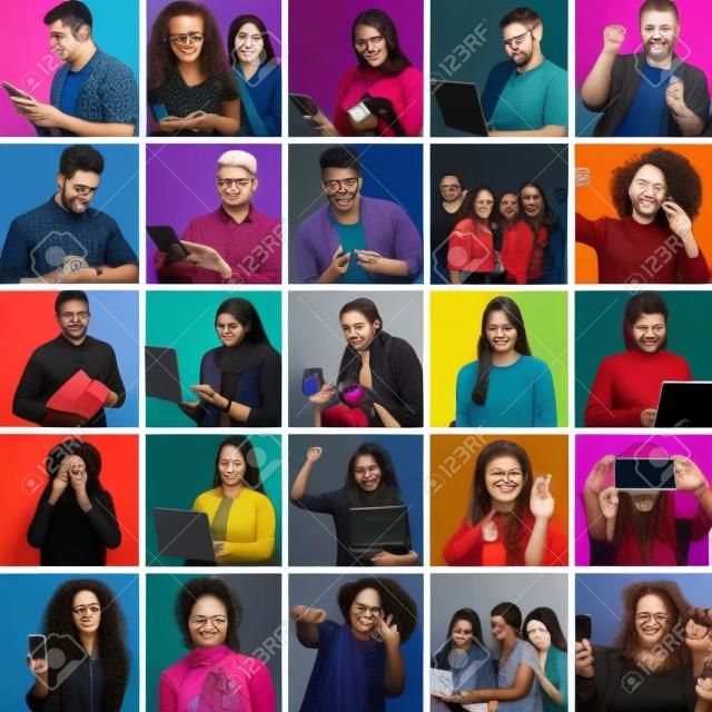 Collage of photos with different people using devices on color background