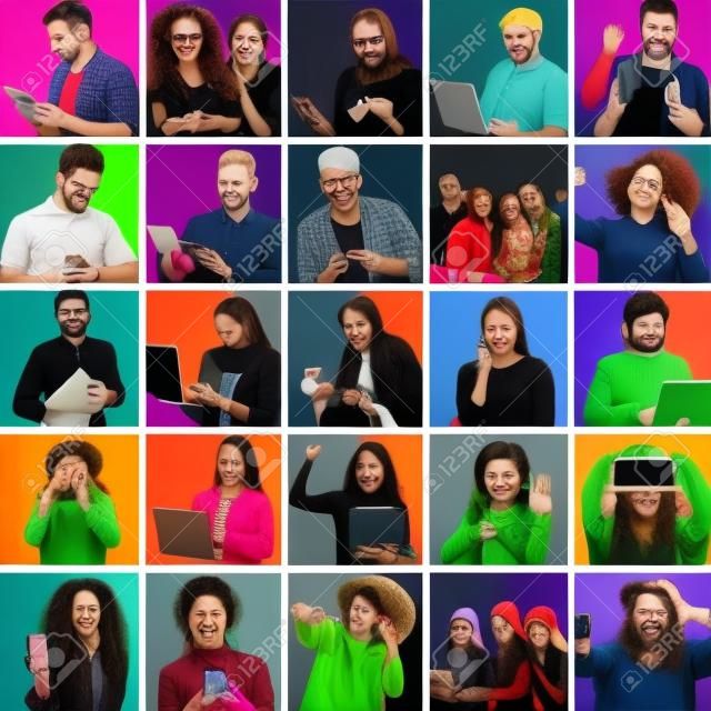 Collage of photos with different people using devices on color background
