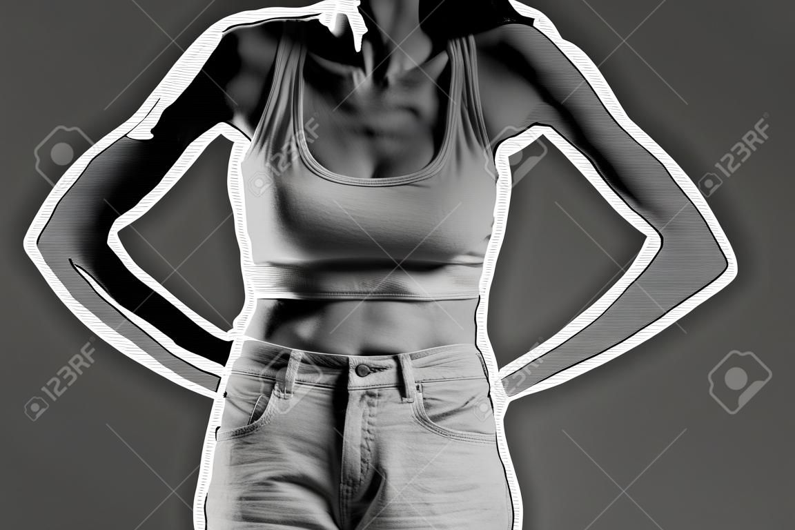 Sick woman after weight loss on gray background. Concept of anorexia