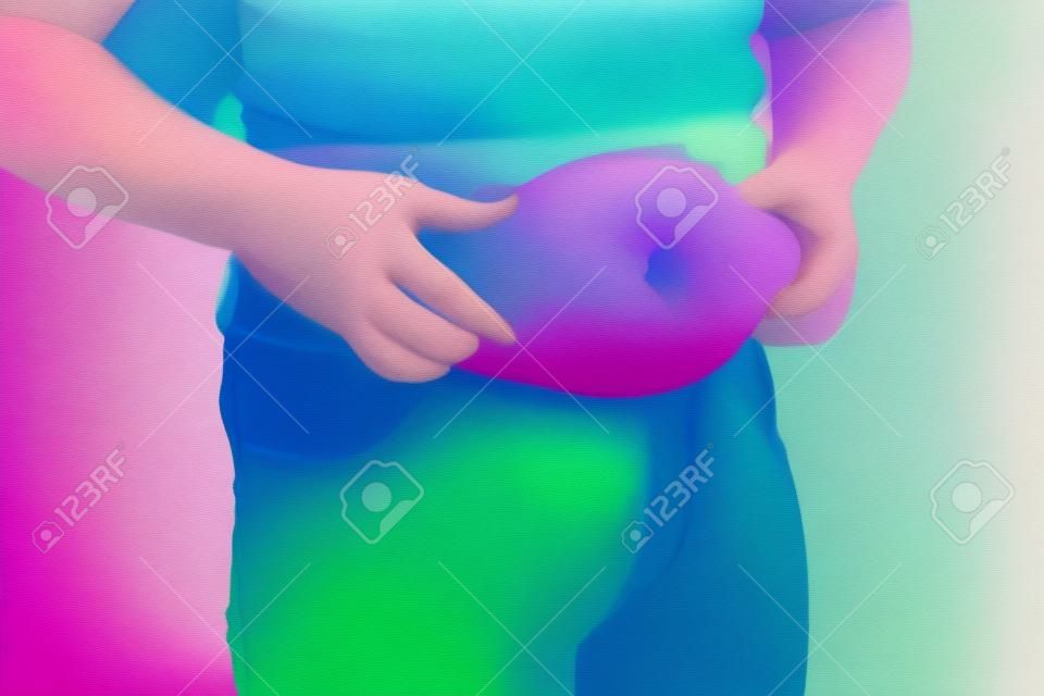 Overweight girl on color background