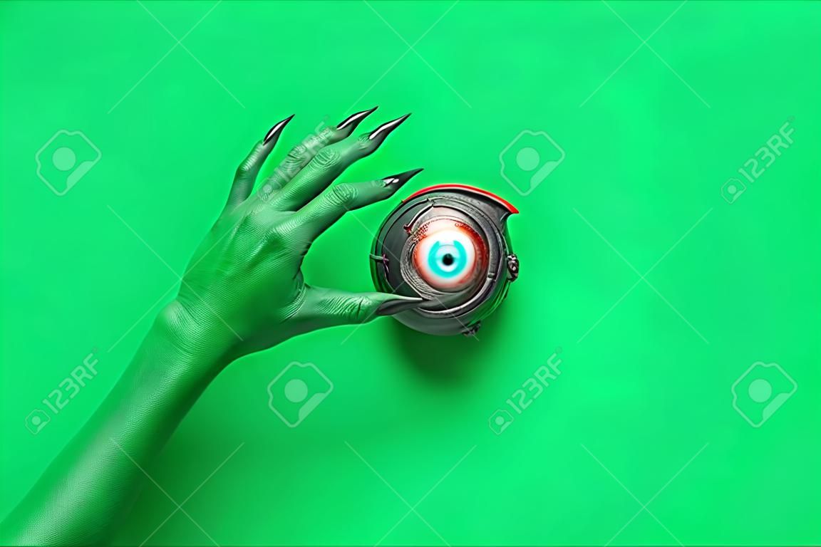 Hand of witch with cauldron and eye on green background. halloween celebration