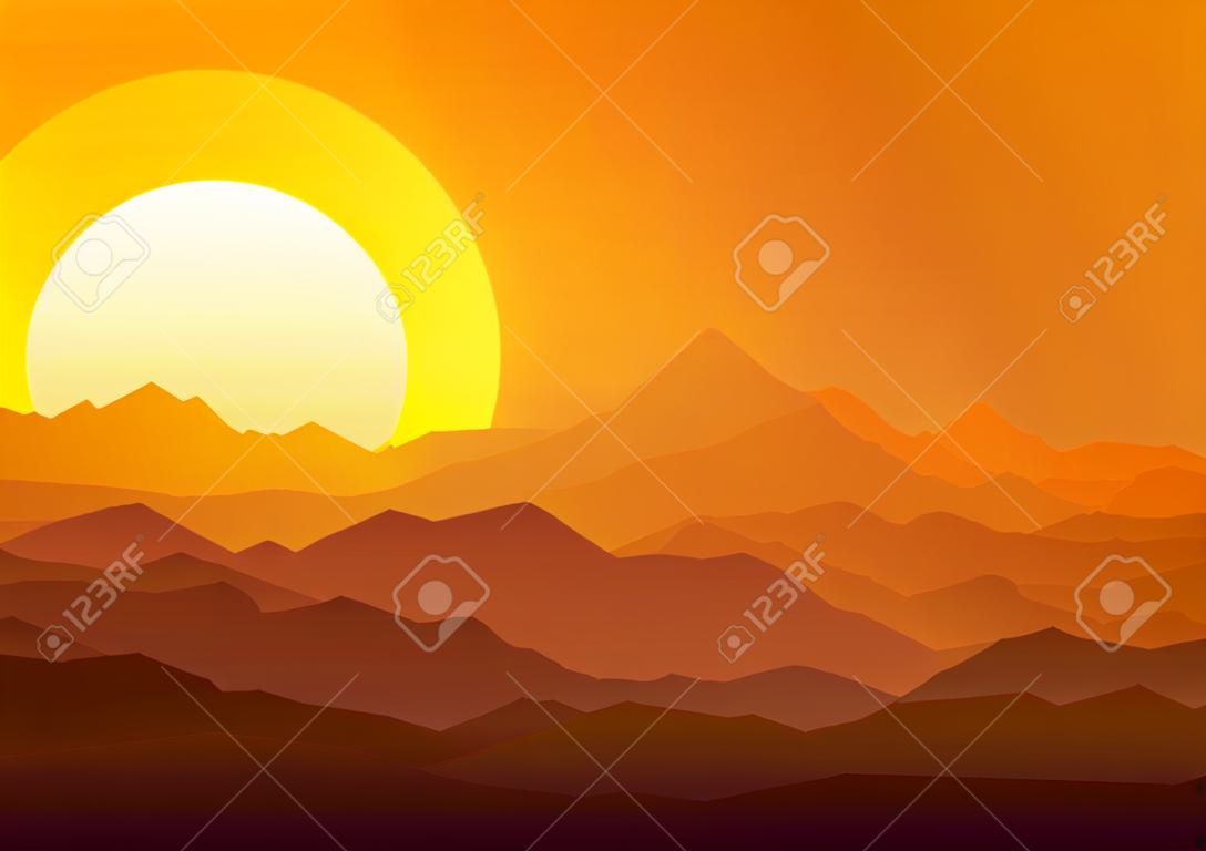 Sunset in the huge mountains. Vector illustration.