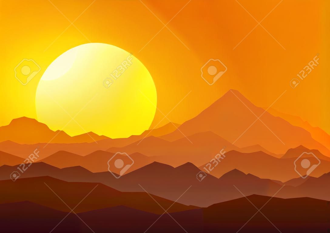 Sunset in the huge mountains. Vector illustration.